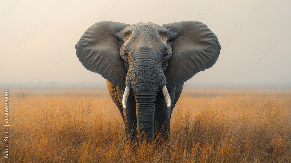 Naklejka premium Animal portraits of a wise elephant standing in a serene savannah landscape under soft golden light