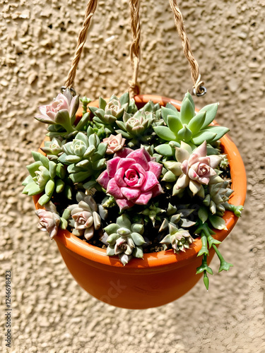 A detailed close-up of a hanging terracotta pot filled with a variety of succulents including rosettes and spiky leaves, set against a stucco wall. photo