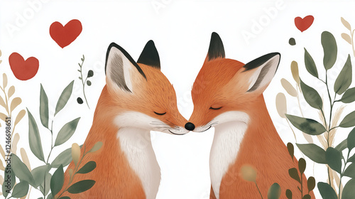 Romantic fox couple sharing a tender moment surrounded by foliage and hearts