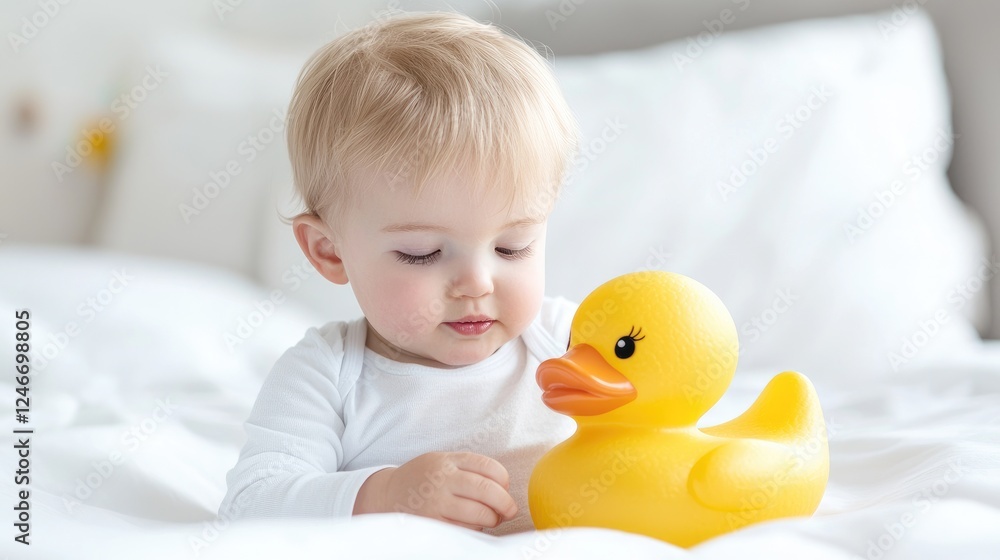 Baby playing with rubber duck on bed Baby playing with rubber duck on bed
