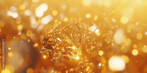 A glowing golden diamond background with soft, twinkling reflections. The brilliant yellow hue and sparkle create a rich, luxurious aesthetic, perfect for upscale fashion campaigns or exclusive