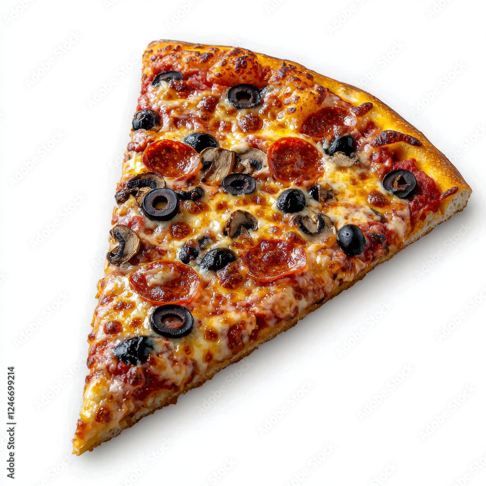 A slice of pizza topped with pepperoni, black olives, and mushrooms, glistening with melted cheese on a white background. A slice of pizza topped with pepperoni, black olives, and mushrooms, glistening with melted cheese on a white background.