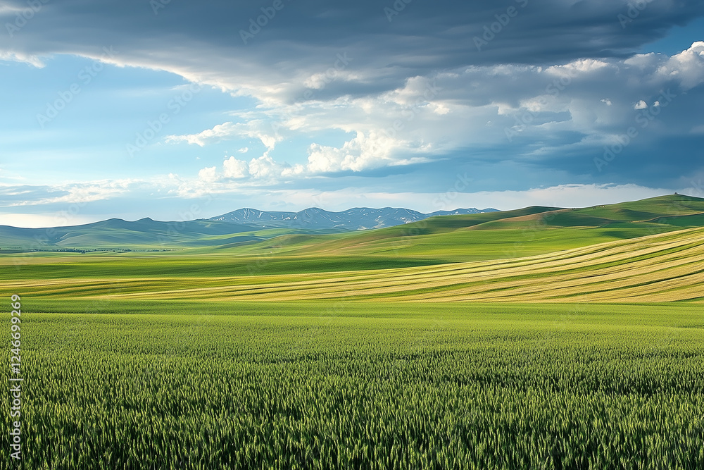 Obraz premium Green meadow with blue sky