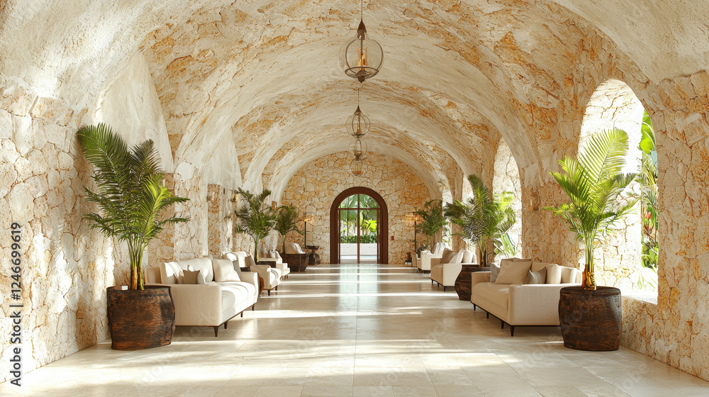 Elegant stone archway features pendant lights, comfortable seating, and verdant potted plants, bathed in soft, inviting light. Elegant stone archway features pendant lights, comfortable seating, and verdant potted plants, bathed in soft, inviting light.