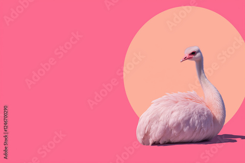 Ostrich resting quietly against a vibrant pink background during a sunny day
