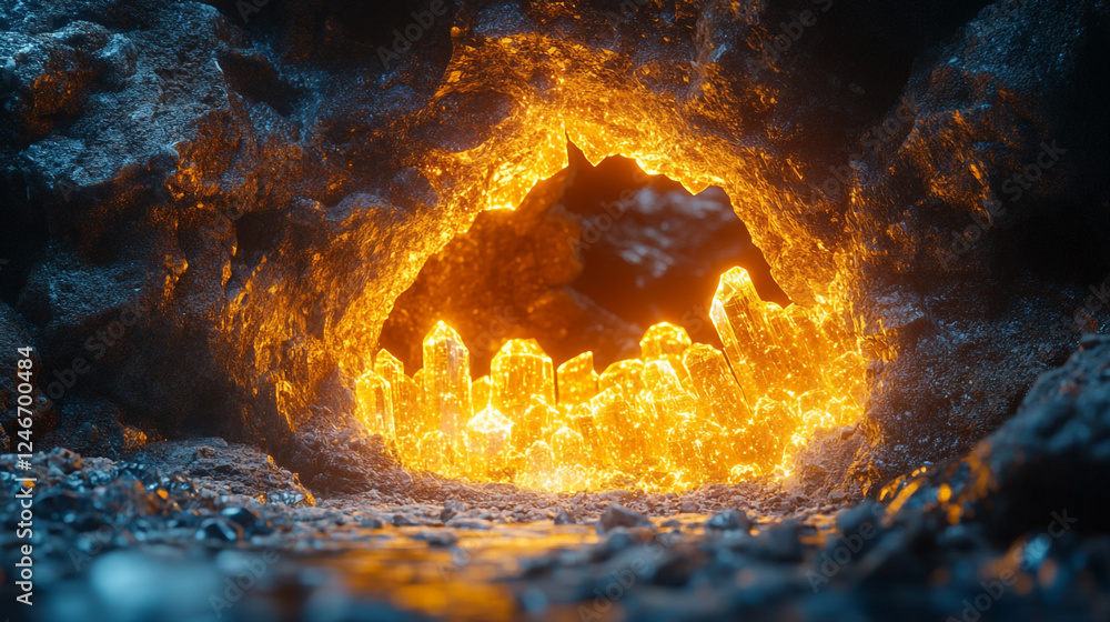 Crystals glow with fiery orange light, illuminating a dark cave in a stunning display Crystals glow with fiery orange light, illuminating a dark cave in a stunning display