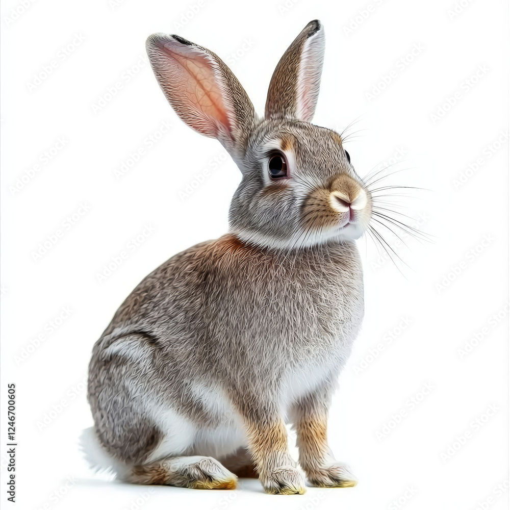 Fototapeta premium A light brown rabbit sits alertly on a white background, gazing towards the viewer with attentive eyes.