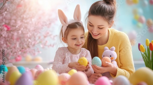 Happy family celebrating easter, mother and daughter with bunny ears holding colorful eggs