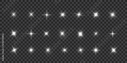 Light effect set. Isolated white transparent light effect set, lens flare, explosion, dust, line, sun flash, spark and stars, spotlight, curve twirl, png. Sunlight, abstract special effect. 