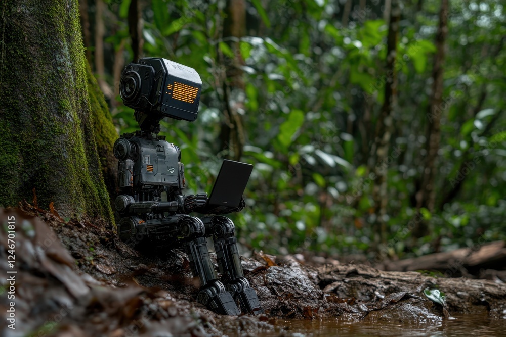 Robot working on a laptop in the lush jungle environment during the day Robot working on a laptop in the lush jungle environment during the day