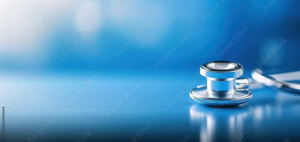 Closeup of stethoscope on blue background, symbolizing healthcare and medical professionalism. shiny metal reflects light beautifully, creating calming atmosphere Closeup of stethoscope on blue background, symbolizing healthcare and medical professionalism. shiny metal reflects light beautifully, creating calming atmosphere