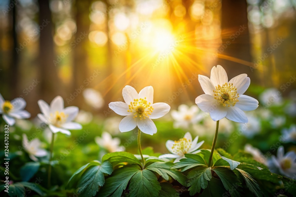 Delicate White Wood Anemone Flowers Blooming on Woodland Trail with Bokeh Background Delicate White Wood Anemone Flowers Blooming on Woodland Trail with Bokeh Background