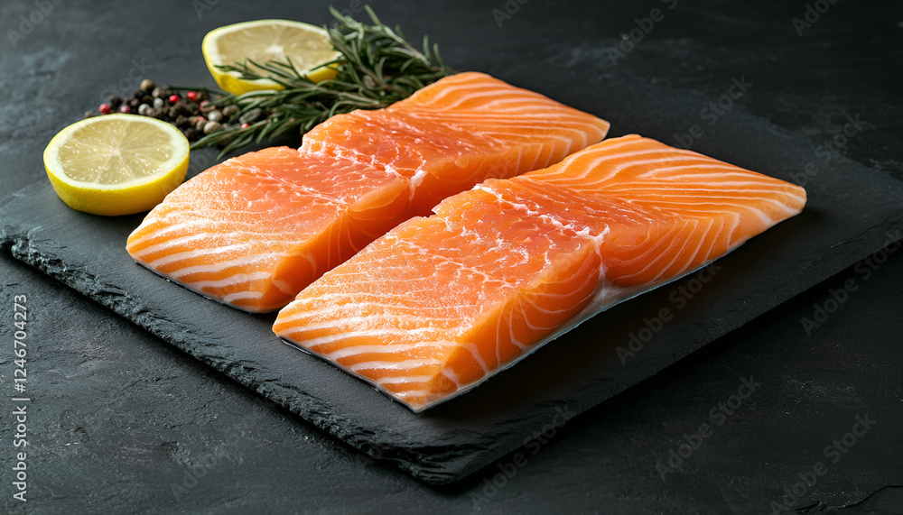 Raw salmon fillet and ingredients for cooking on a dark background in a rustic style. Top view Raw salmon fillet and ingredients for cooking on a dark background in a rustic style. Top view