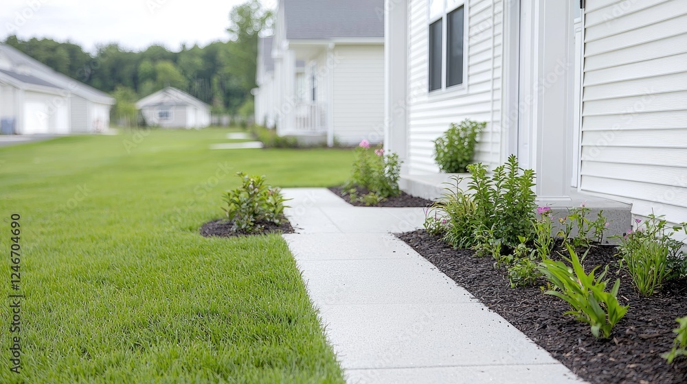 Suburban home walkway, landscaping, green lawn Suburban home walkway, landscaping, green lawn