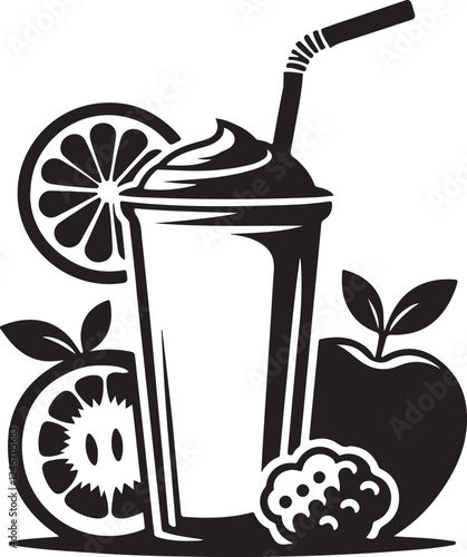 Silhouette vector icon of a cup with a straw, accompanied by fruit like apples. Perfect for juice bars, smoothies, healthy drinks, organic beverages, and cafes.