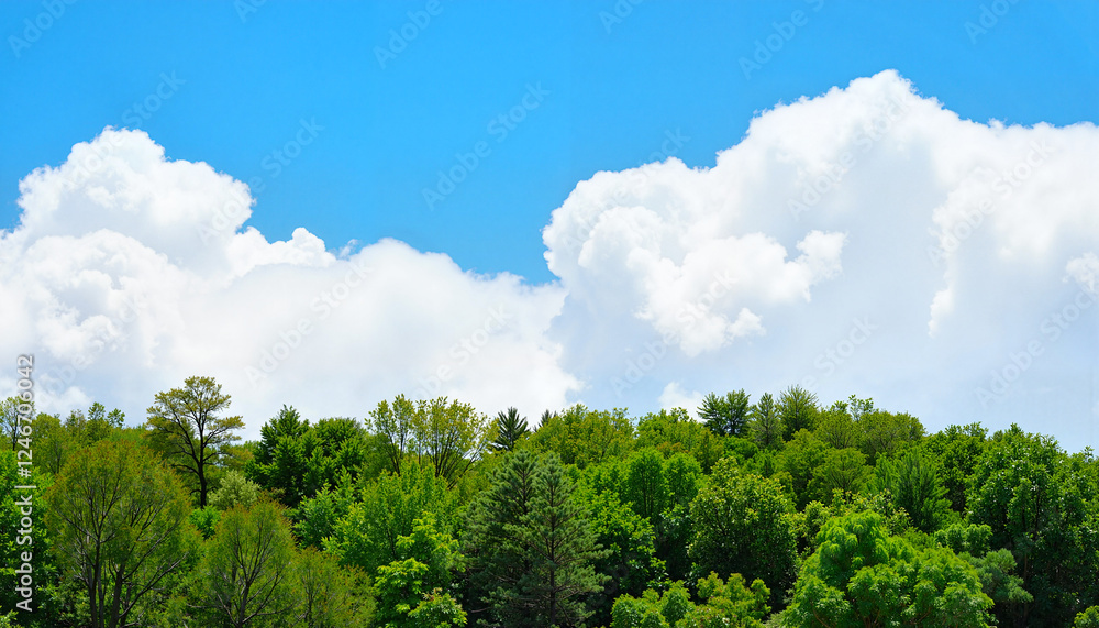 Expansive cumulus clouds above lush forest, serene natural beauty Expansive cumulus clouds above lush forest, serene natural beauty