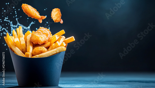 Delicious golden fries and crispy chicken pieces splashing in fresh oil. photo