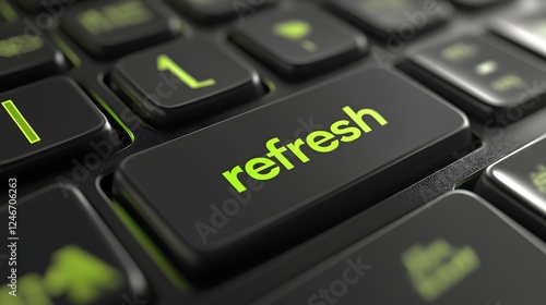 Green refresh title key on a black keyboard, close-up view, symbolizing technology, renewal, and productivity