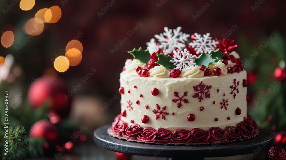 Festively decorated red velvet cake adorned with snowflakes and berries for a holiday celebration Festively decorated red velvet cake adorned with snowflakes and berries for a holiday celebration