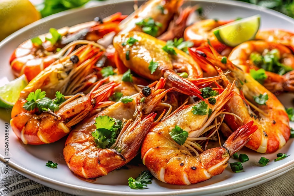 Delicious Grilled Shrimp on White Plate - Stock Photo Delicious Grilled Shrimp on White Plate - Stock Photo