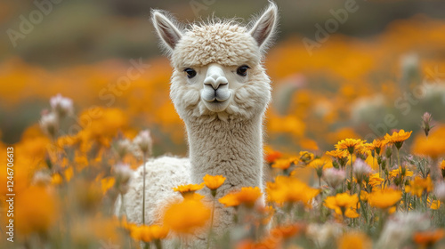 Cute animals of a fluffy alpaca standing in a meadow surrounded by wildflowers