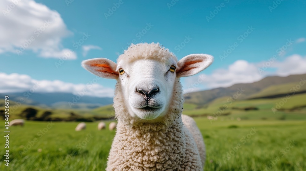 Close-up of Adorable Sheep with Fluffy Wool Against Bright Green Pasture Background Close-up of Adorable Sheep with Fluffy Wool Against Bright Green Pasture Background