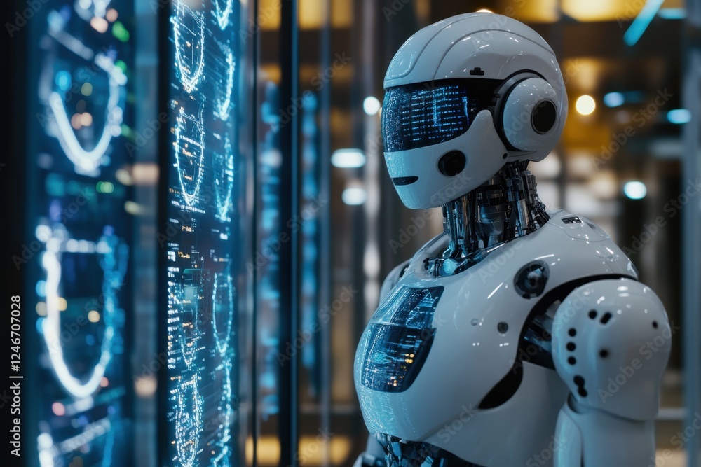 Advanced robotic figure analyzes data in a modern technology exhibit Advanced robotic figure analyzes data in a modern technology exhibit
