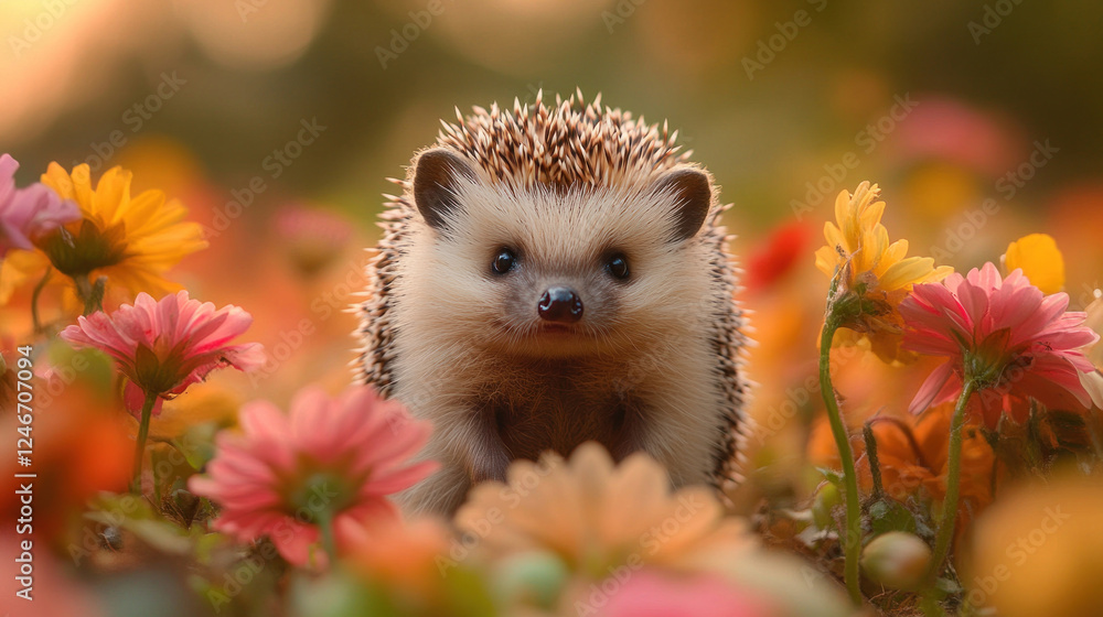Cute animals of a fluffy hedgehog exploring a garden full of vibrant flowers Cute animals of a fluffy hedgehog exploring a garden full of vibrant flowers