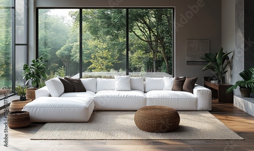 Minimalist Living Room with White Sectional Sofa Elegant Decor Modern Scandinavian Design Serene Atmosphere