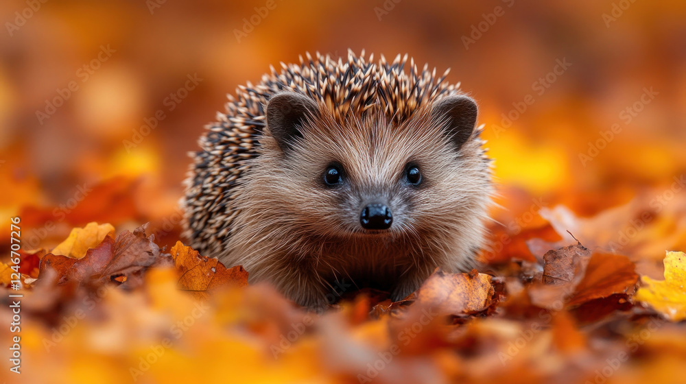 Cute animals of a hedgehog exploring a pile of autumn leaves, with its tiny nose poking out Cute animals of a hedgehog exploring a pile of autumn leaves, with its tiny nose poking out