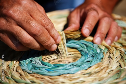 Crafting tradition artisanal hands weaving straw into sombreros in a workshop highlighting dedication and skill photo