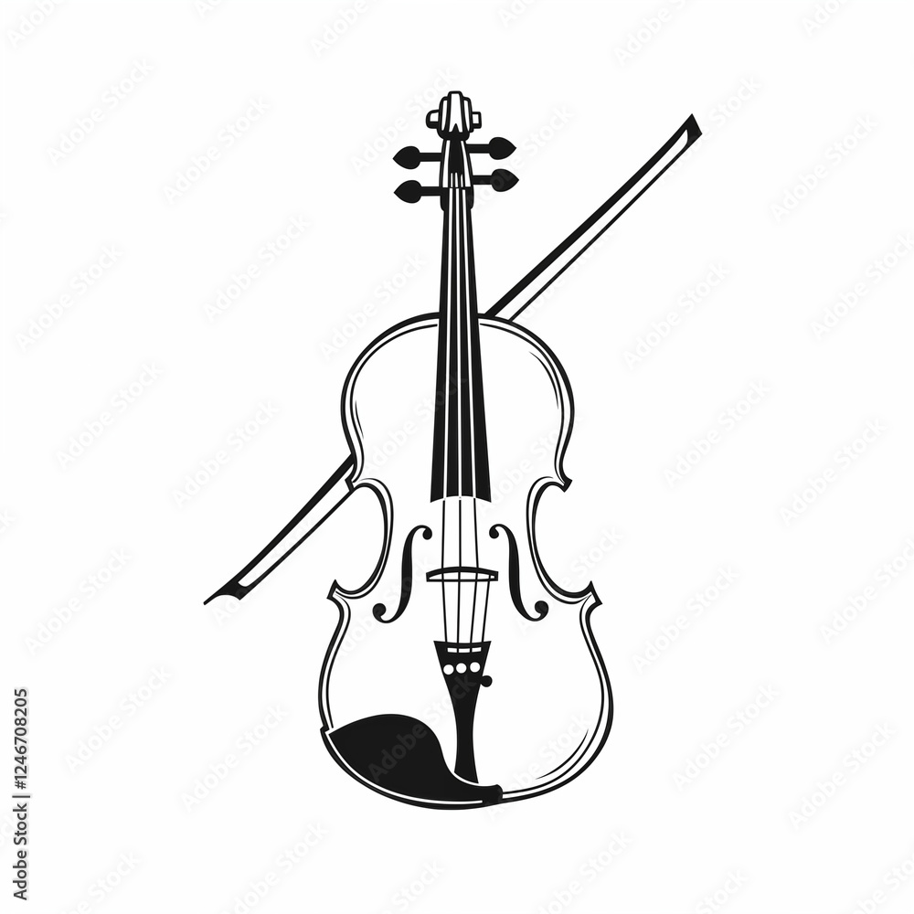 Fototapeta premium Violin with bow, front view, badge, simple black and white sketch on a white background, picture, image for printing, no people