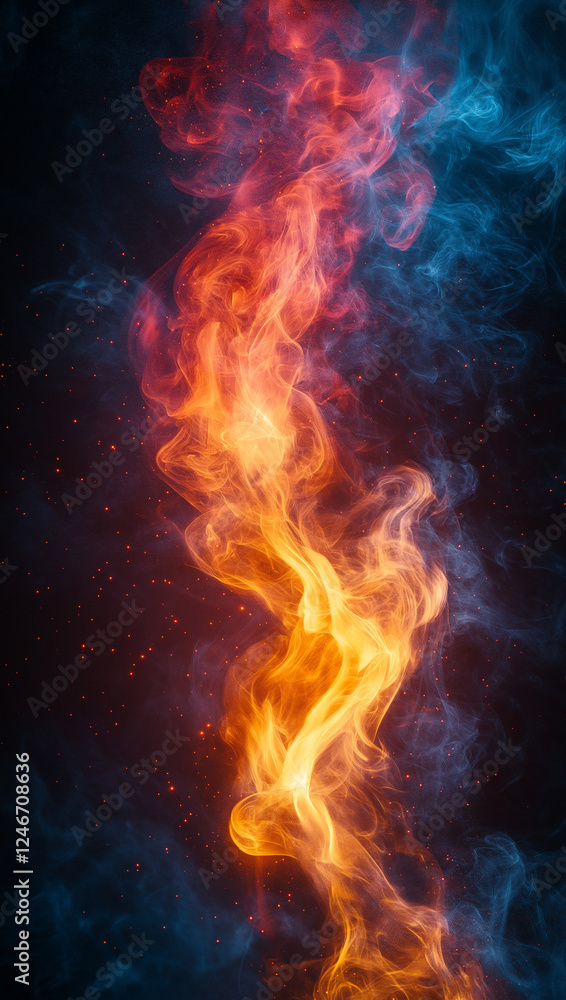 Fototapeta premium Dynamic Flow of Orange and Blue Flames with Glowing Smoke