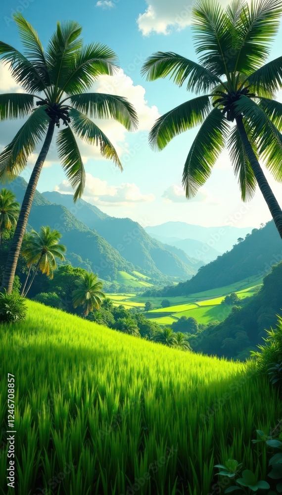 The earthy scent of coconut palms wafts through the air amidst a tranquil landscape of rolling green rice fields, forest, earthy The earthy scent of coconut palms wafts through the air amidst a tranquil landscape of rolling green rice fields, forest, earthy