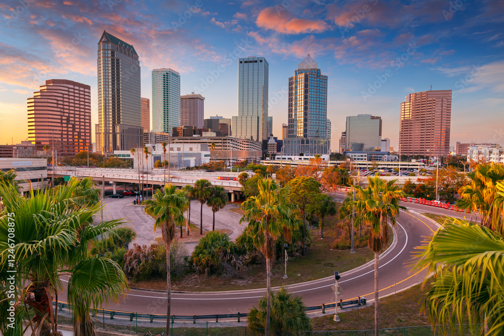Tampa, Florida, USA. Aerial cityscape image of Tampa, Florida at beautiful sunset.