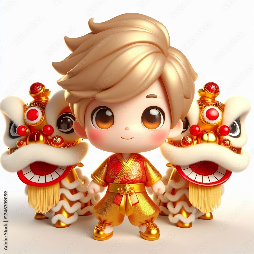 Fototapeta premium 3D Adorable cartoon gold red fortune kid in a lion dance costume, white background