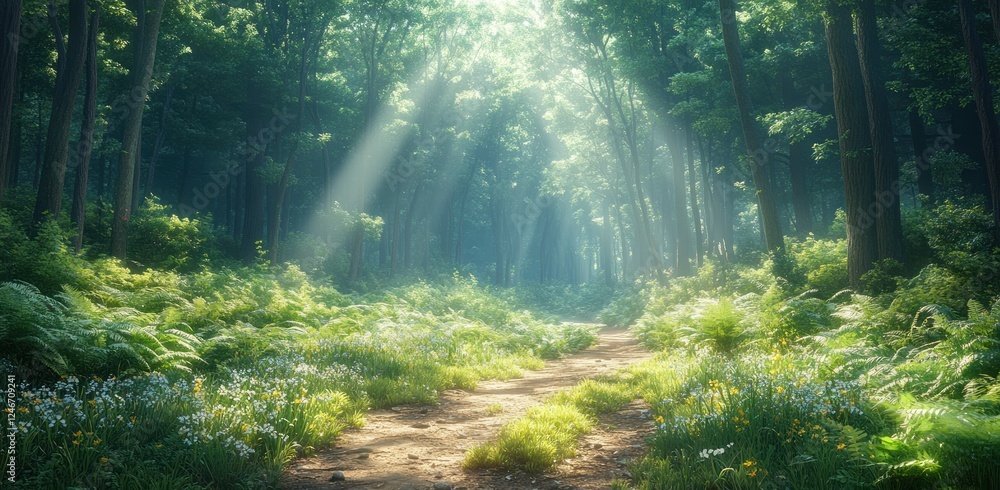 custom made wallpaper toronto digitalTranquil Forest Pathway with Sunlight and Mist in a Lush Green Landscape