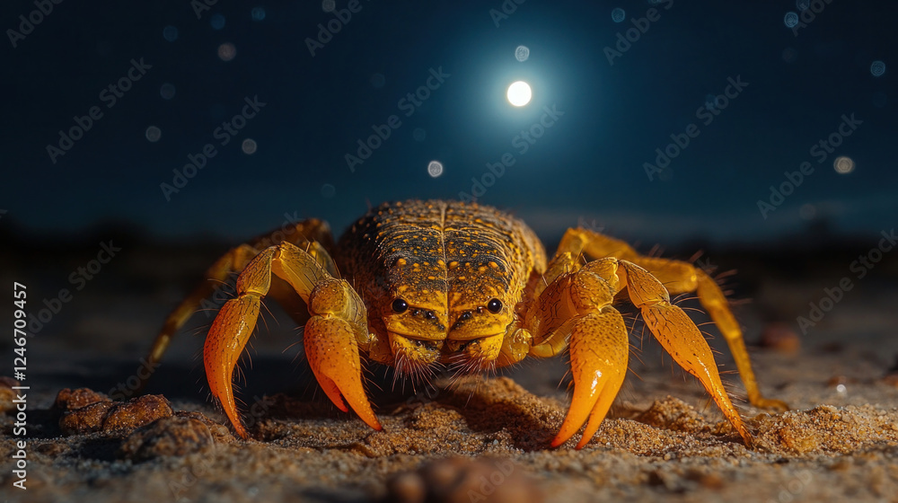 Desert wildlife, such as a scorpion illuminated under the glow of a full moon Desert wildlife, such as a scorpion illuminated under the glow of a full moon