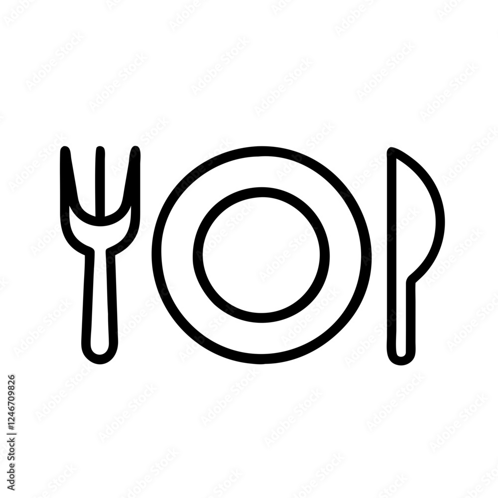 Minimalist line icon of dining set with plate and cutlery for food and restaurant Minimalist line icon of dining set with plate and cutlery for food and restaurant