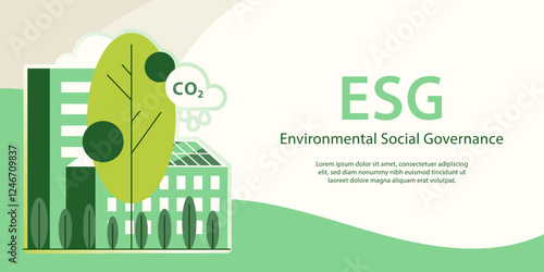 Environment, Social, Governance and sustainability development concept, vector horizontal banner, ecology background with flat illustration