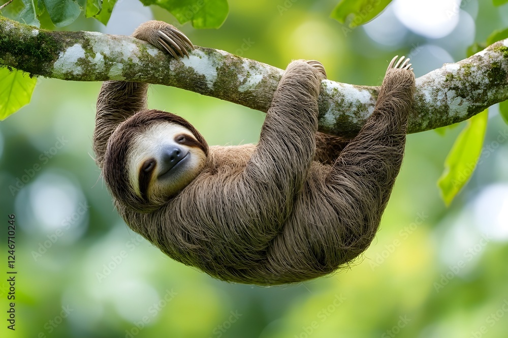 Obraz premium A relaxed sloth hanging on a tree branch with greenery rainforest background