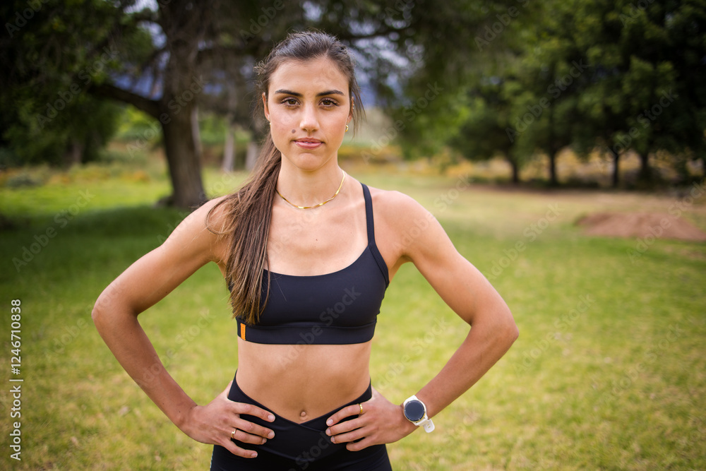 Young female athlete in black sportswear exercising outdoors in a scenic rural setting. Captured in various poses including stretching, jumping, and smiling, showcasing fitness, health, and active lif Young female athlete in black sportswear exercising outdoors in a scenic rural setting. Captured in various poses including stretching, jumping, and smiling, showcasing fitness, health, and active lif
