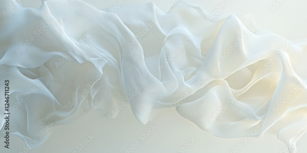 Obraz premium A soft, ethereal white background with delicate wisps of light swirling in a dreamy pattern. The flowing texture gives the backdrop a sense of calm and serenity, perfect for wellness websites,
