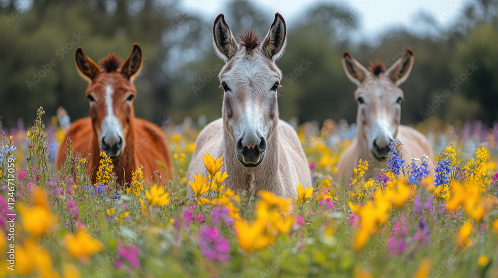 Farm animals, including a donkey braying in a colorful field of wildflowers Farm animals, including a donkey braying in a colorful field of wildflowers
