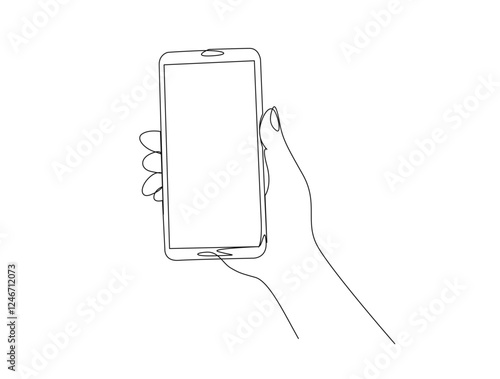 Continuous one line drawing of hand holding cellular phone. Hand holds smartphone in single line draw illustration. Editable stroke.