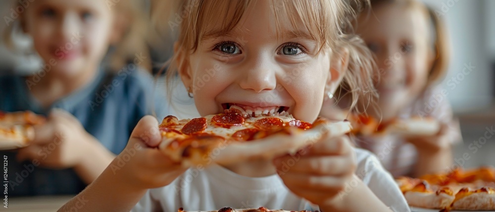 Joyful little girl with bows eating pizza while sitting at a table with other children. Perfect for children's party themes, family dinners or baby food adverts. Joyful little girl with bows eating pizza while sitting at a table with other children. Perfect for children's party themes, family dinners or baby food adverts.