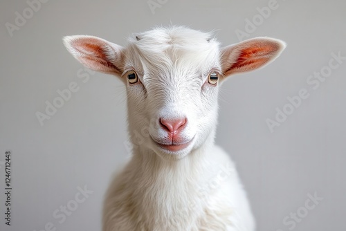 pure white saanen goat photographed in highkey studio setting ethereal lighting creating seamless blend between subject and background minimalist composition photo