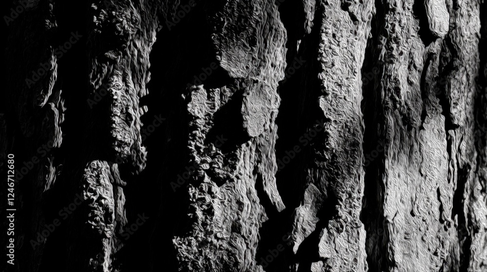 Black and white abstract macro photograph of tree bark texture with dramatic shadows and high contrast, creating sculptural patterns. Generative AI Black and white abstract macro photograph of tree bark texture with dramatic shadows and high contrast, creating sculptural patterns. Generative AI