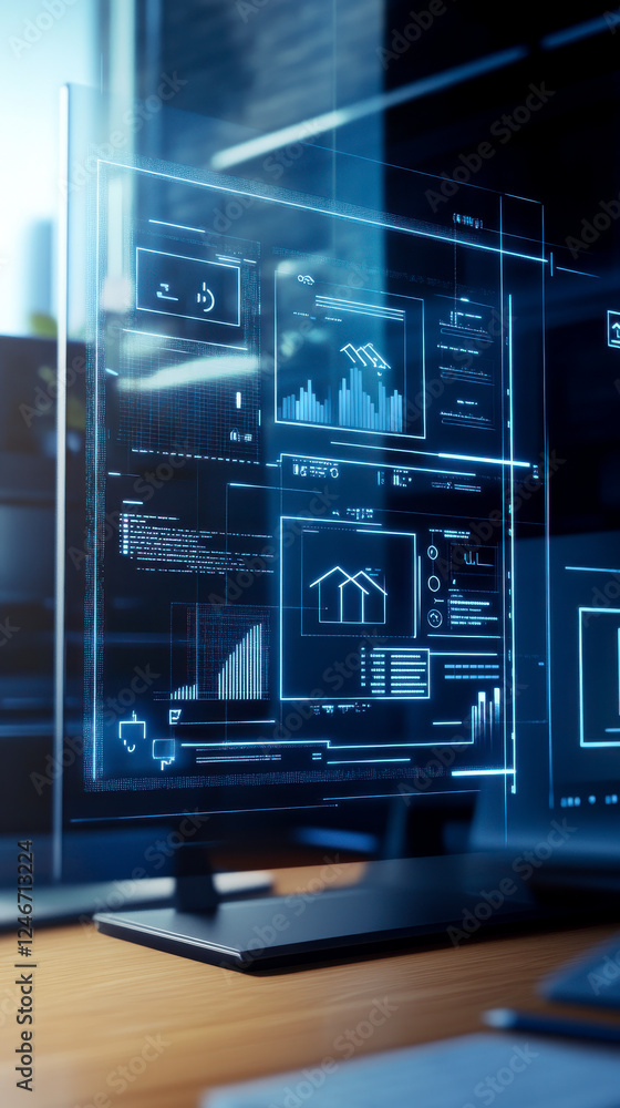 A sleek modern workspace featuring a digital monitor displaying data analytics and graphics, highlighting a tech-savvy environment. A sleek modern workspace featuring a digital monitor displaying data analytics and graphics, highlighting a tech-savvy environment.