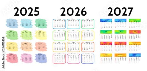 Set of calendars for 2025, 2026 and 2027 on a white background